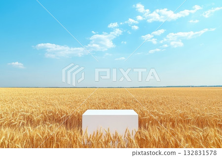 Vast Golden Wheat Field Under a Clear Blue Sky with Clouds in the Background 132831578