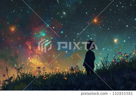 Child Standing on Hill at Night Gazing Up at Starry Sky and Colorful Galactic Vision 132831581