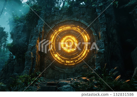 Enigmatic Ancient Ruins with Glowing Cosmic Symbol Surrounded by Lush Greenery Enigmatic Ancient Ruins with Glowing Cosmic Symbol Surrounded by Lush Greenery 132831586