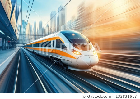 A train is traveling down the tracks with a city in the background A train is traveling down the tracks with a city in the background 132831618