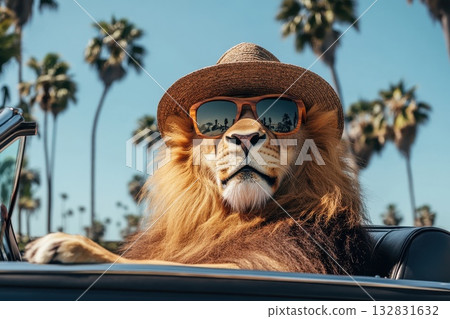 A lion is sitting in a car with sunglasses on and a hat on his head 132831632