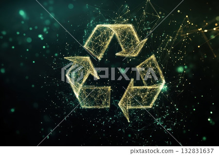 A gold colored recycling symbol is shown in a dark background A gold colored recycling symbol is shown in a dark background 132831637