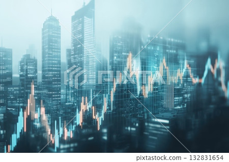 A city skyline with a dark blue background and a series of lines and numbers 132831654