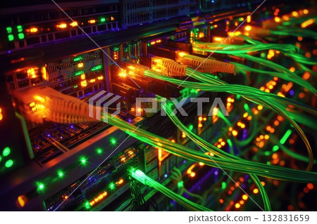 A colorful network of wires with neon lights A colorful network of wires with neon lights 132831659