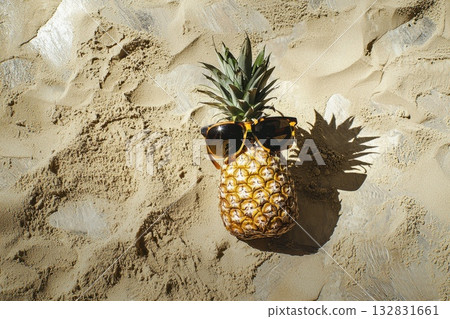 Pineapple with Sunglasses on Sand Beach Creating a Fun and Tropical Atmosphere Pineapple with Sunglasses on Sand Beach Creating a Fun and Tropical Atmosphere 132831661