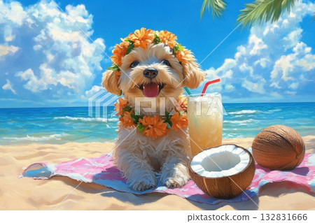Adorable Dog in Hula Skirt and Flower Lei Enjoying a Sunny Day on the Beach Adorable Dog in Hula Skirt and Flower Lei Enjoying a Sunny Day on the Beach 132831666
