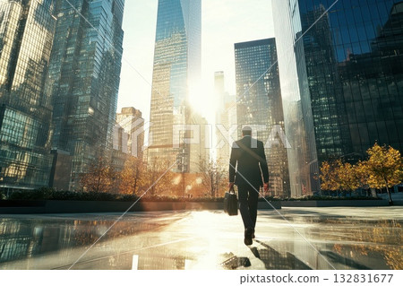 A man walks down a city street with a briefcase in hand A man walks down a city street with a briefcase in hand 132831677