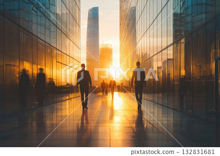 Professionals Walking Toward Sunset Between Glass Buildings in Urban Panoramic Shot 132831681