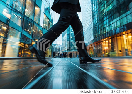 Modern Businessman Walking Mid-Step in Urban Environment with Reflection on Glass Buildings 132831684