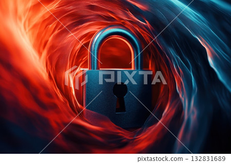 Futuristic Lock Surrounded by Red and Blue Swirling Energy in Abstract Digital Space Futuristic Lock Surrounded by Red and Blue Swirling Energy in Abstract Digital Space 132831689