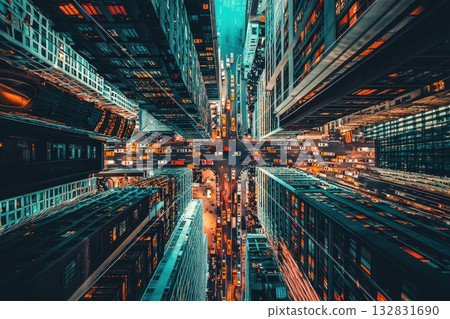 Aerial View of High-Rise Buildings Reflecting in Busy City Streets at Night 132831690