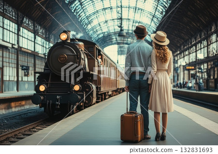 Couple Standing by Vintage Railway Station Holding Hands with Retro Suitcase and Train in Background 132831693