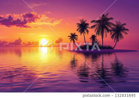 Stunning Tropical Island Sunset Over Calm Water with Vibrant Colors and Reflective Sky 132831695