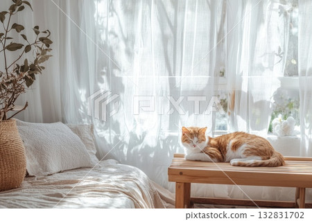 Cozy and Inviting Summer Bedroom with Natural Light and Calm Neutral Tones 132831702