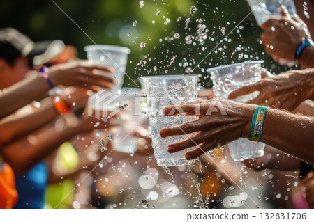 Runners Grabbing Water Cups During Mid-Race Hydration at Outdoor Event with Splashing Water 132831706