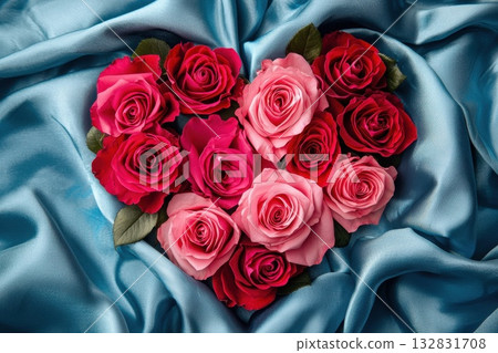 Vibrant Heart Shaped Arrangement of Pink and Red Roses on Silk Background Vibrant Heart Shaped Arrangement of Pink and Red Roses on Silk Background 132831708