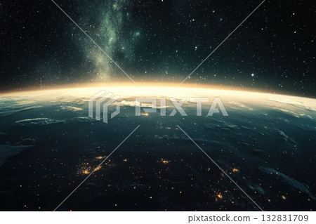 Hyper Realistic Celestial View of the Milky Way Over a Planetary Horizon at Night Sky Hyper Realistic Celestial View of the Milky Way Over a Planetary Horizon at Night Sky 132831709