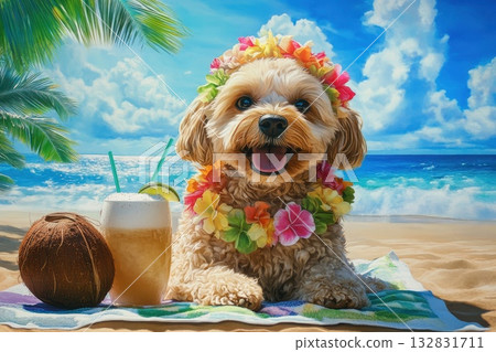 Adorable Dog in a Hula Skirt and Flower Lei Sitting on the Beach with Refreshing Drink Adorable Dog in a Hula Skirt and Flower Lei Sitting on the Beach with Refreshing Drink 132831711