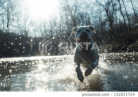 Happy Dog Splashing in Shallow Lake Water Under Bright Sunlight with Sparks of Droplets Happy Dog Splashing in Shallow Lake Water Under Bright Sunlight with Sparks of Droplets 132831724