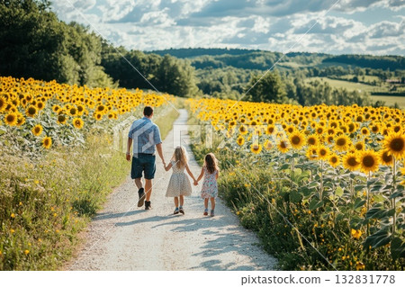 Family Enjoying a Leisurely Walk Hand in Hand Through a Sunflower Field on a Sunny Day Family Enjoying a Leisurely Walk Hand in Hand Through a Sunflower Field on a Sunny Day 132831778
