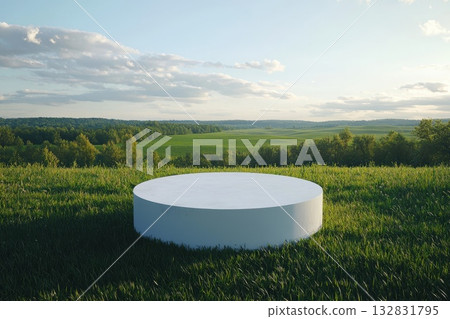 Vast Green Field Under Soft Morning Light with Circular Platform in Scenic Landscape Vast Green Field Under Soft Morning Light with Circular Platform in Scenic Landscape 132831795