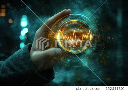 Business Person Holding Magnifying Glass with Digital Data Visualization on Dark Background 132831801