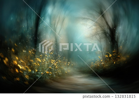 Surreal Twilight Landscape with Green Forest Floor Surrounded by Ethereal Light and Mystery 132831815