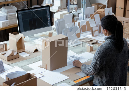 business worker designs packaging in creative workspace filled with materials 132831843