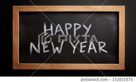 chalkboard with words Happy New Year written in white chalk, framed by wooden border, conveys festive and celebratory message 132831873