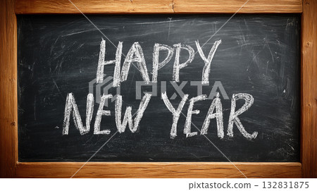 Chalkboard with Happy New Year message written in white chalk, framed by wooden border, conveying festive and celebratory mood 132831875