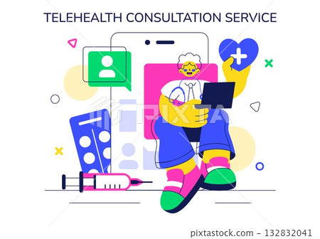 Telehealth Consultation Service Vector Illustration Featuring the Practice of using Technology to Provide Remote Health Services on Mobile Device 132832041