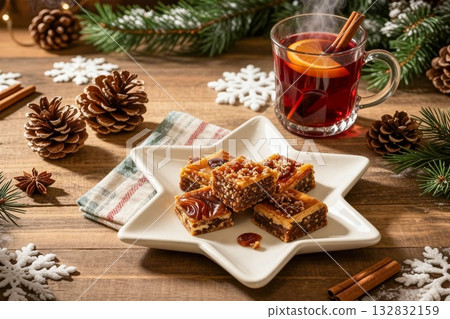 在冬日餐桌上,星形盤子裡盛著熱紅酒和烘焙點心。 在冬日餐桌上,星形盤子裡盛著熱紅酒和烘焙點心。 132832159