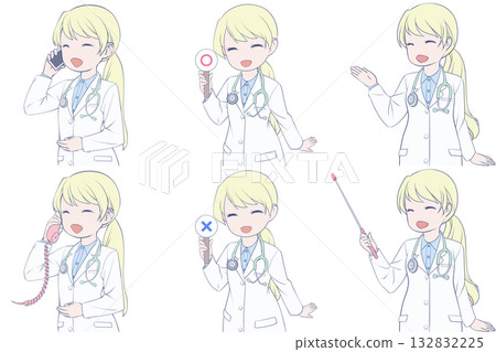 A young female doctor making a phone call, holding a cheque, and giving directions. A set of 6 cute doctor clip art A young female doctor making a phone call, holding a cheque, and giving directions. A set of 6 cute doctor clip art 132832225