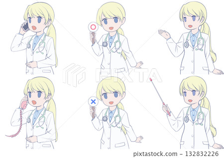 一位年輕的女醫生正在打電話，手裡拿著支票，並給予指示。一組6張可愛的醫生剪貼畫。 132832226