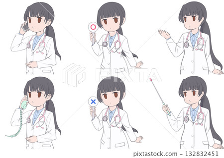 一位年輕的女醫生正在打電話，手裡拿著方格旗，並給予指示。一組6張可愛的護士剪貼畫。 132832451