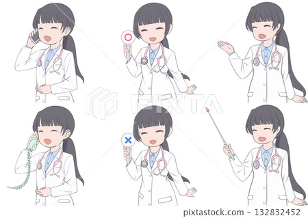 A young female doctor making a phone call, holding a chequered flag, and giving directions. A set of 6 cute nurse clip art 132832452