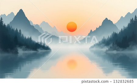 Abstract Sunrise Over Misty Mountains with Reflective Lake Harmony 132832685