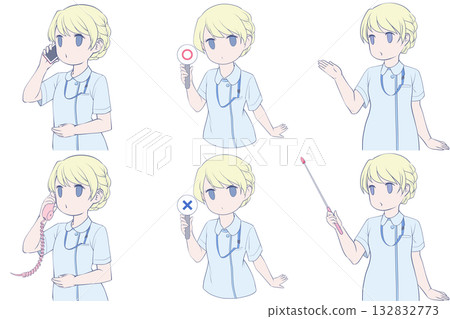 A young female nurse making a phone call, holding a marker, and giving directions. A set of 6 cute nurse clip art A young female nurse making a phone call, holding a marker, and giving directions. A set of 6 cute nurse clip art 132832773