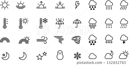 天氣預報、天氣和氣象學線條圖示集(無輪廓線) 天氣預報、天氣和氣象學線條圖示集(無輪廓線) 132832783
