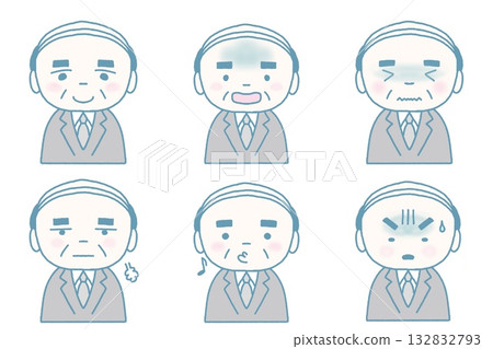 A collection of 6 different emotional expressions of a man in a suit A collection of 6 different emotional expressions of a man in a suit 132832793