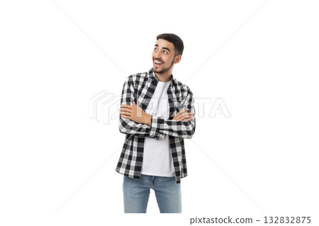 Young man shows joy and confidence with crossed arms, isolated, PNG 132832875