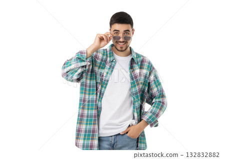Man smiling, adjusting sunglasses in casual wear, isolated, PNG 132832882