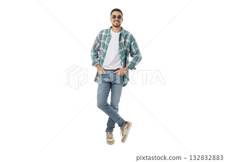 Man in casual clothes smiles with hands in pockets, isolated, PNG 132832883