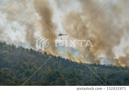 Fire fighting helicopter carry water bucket to extinguish the forest fire. 132832971