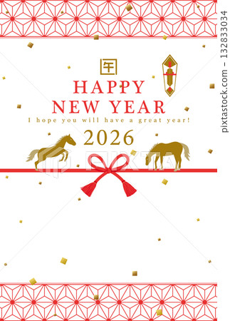 2026 Year of the Horse New Year's card template with Japanese wrapping paper 2026 Year of the Horse New Year's card template with Japanese wrapping paper 132833034
