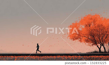 一個人沿著鋪滿秋葉的道路奔跑。 132833225