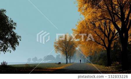 一個人沿著鋪滿秋葉的道路奔跑。 132833226