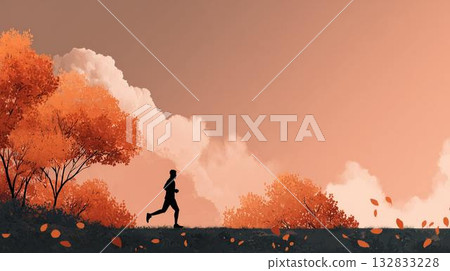 一個人沿著鋪滿秋葉的道路奔跑。 132833228