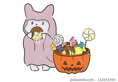 A cute and relaxed Halloween illustration of a rabbit dressed as a ghost eating a donut A cute and relaxed Halloween illustration of a rabbit dressed as a ghost eating a donut 132833459