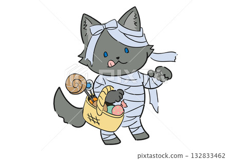 A cute and relaxed Halloween illustration of a wolf (dog) dressed as a mummy A cute and relaxed Halloween illustration of a wolf (dog) dressed as a mummy 132833462